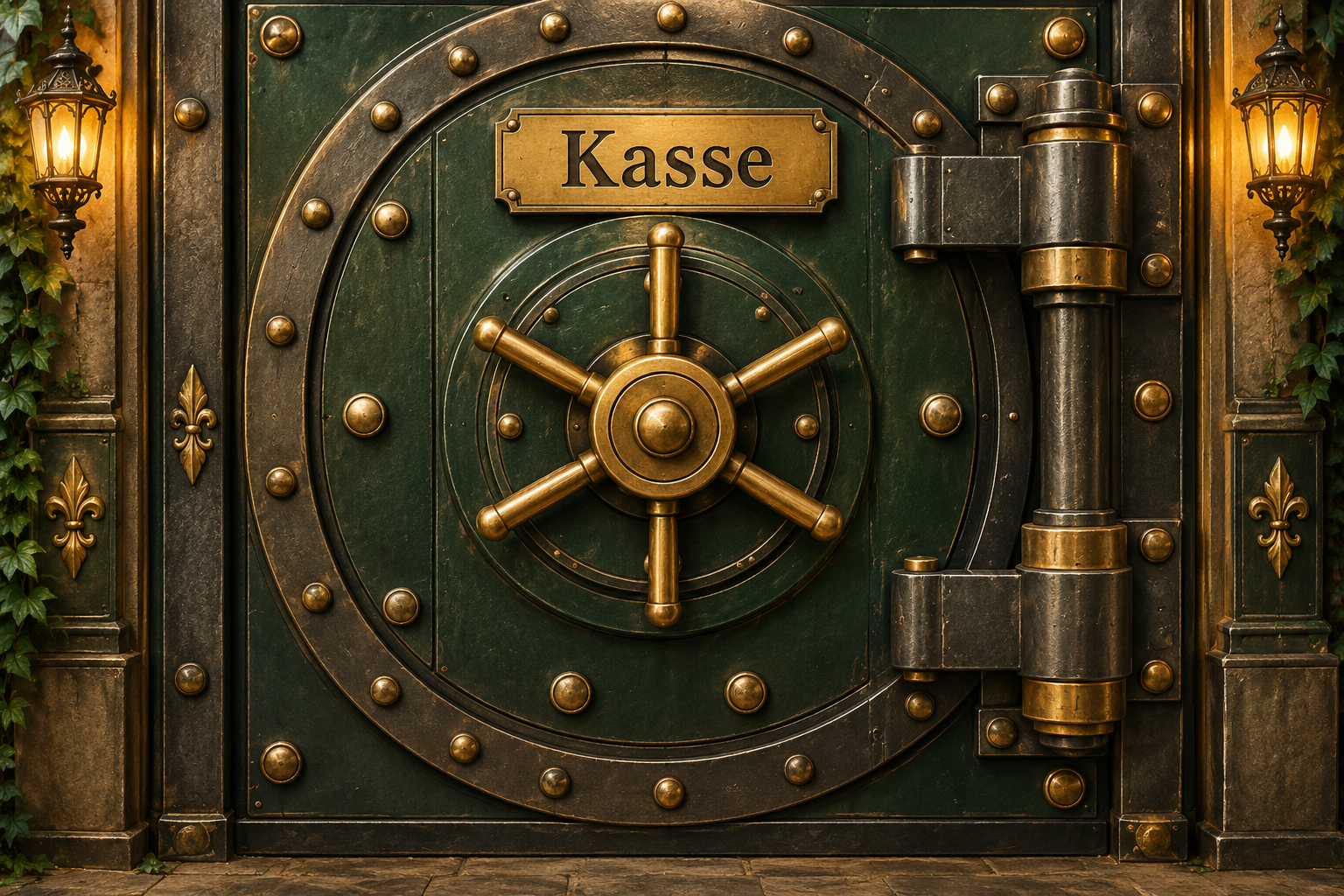 Tresortür mit goldenem Drehrad und dem Schild Kasse